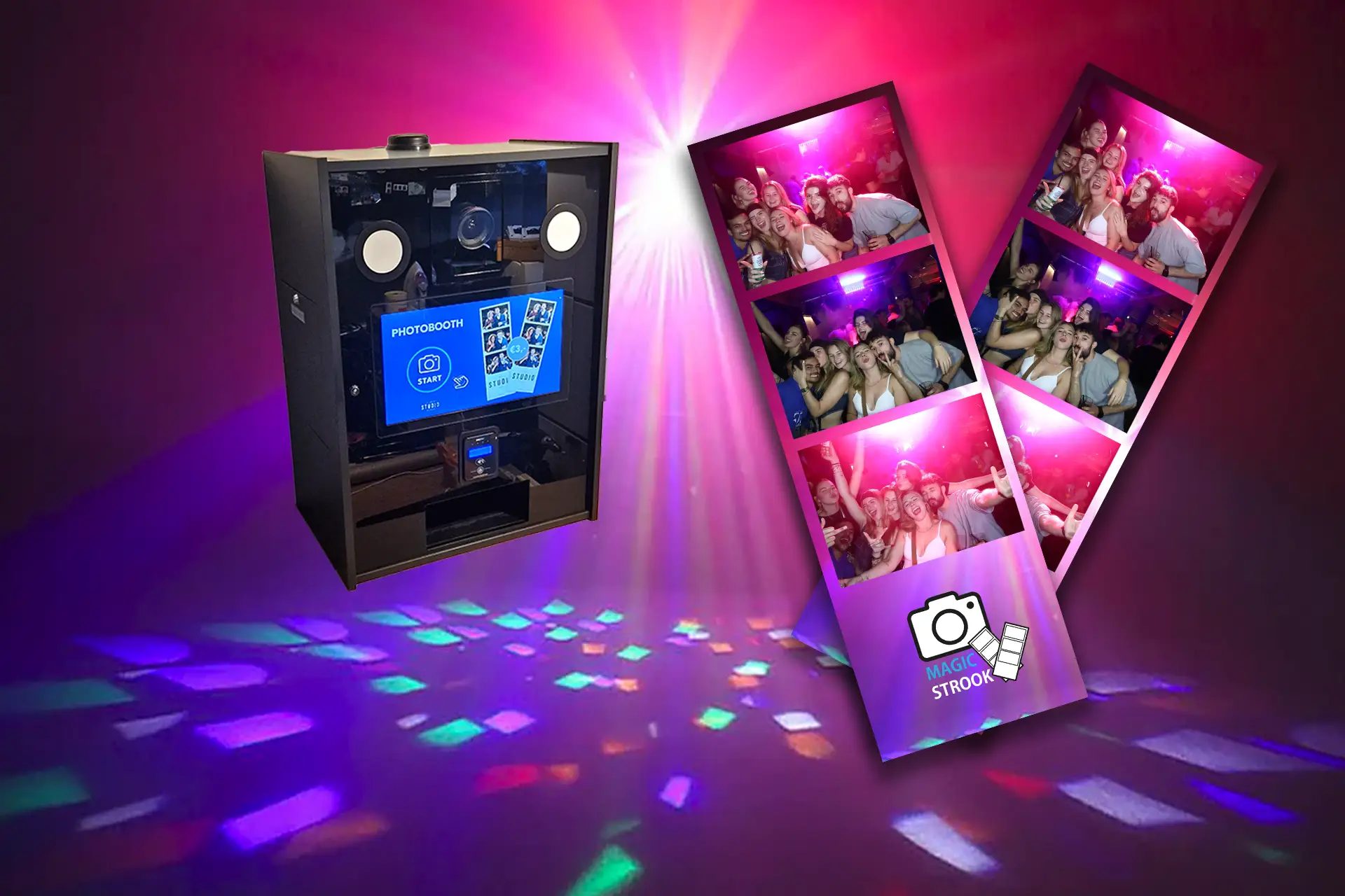 Openingsbeeld van MagicStrook, de fotokast waar tegen betaling fotostroken uit komen